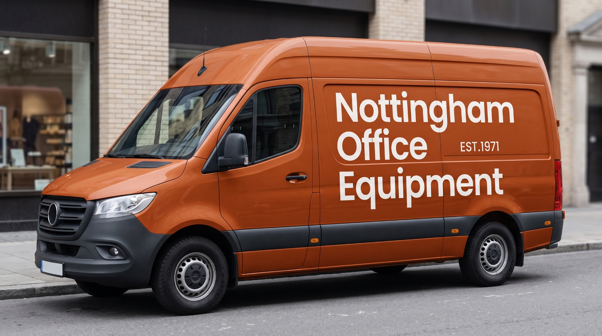 Orange delivery van with the stacked Nottingham Office Equipment wordmark on the side